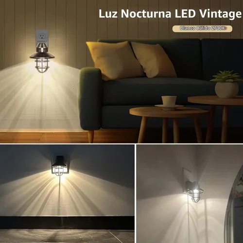 Vista 2 de Luz nocturna LED vintage enchufable a la pared con sensor de atardecer a amanecer, 2700 K, paquete de 2