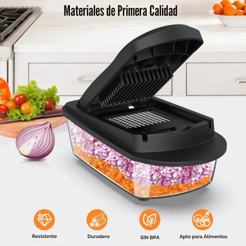 Vista 3 de Picador de verduras todo en uno de 8 cuchillas con contenedor, picador de alimentos, picador de cebolla, cortador de verduras para ensalada, Negro