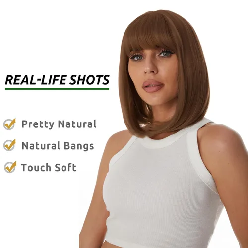 Vista 3 de Onpep Pelucas de cabello castaño rojizo con flequillo para mujer, longitud corta y recta, resistente al calor, peluca sintética resistente al calor