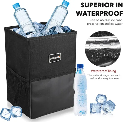 Vista 5 de Beicarin Papelera para coche con tapa, bolsa de basura para colgar con bolsillos de almacenamiento, plegable y portátil, organizador de auto a