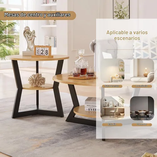 Vista 7 de Mesa auxiliar, mesa auxiliar redonda de madera para sala de estar con mesa de 2 niveles con estante de almacenamiento, diseño de soporte triangular