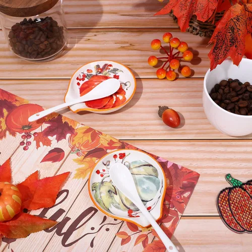 Vista 4 de Whaline Cuchara pequeña de cerámica con acuarela, calabaza de otoño, soporte para cucharas de café para agitadores de café, cucharadita, fiesta