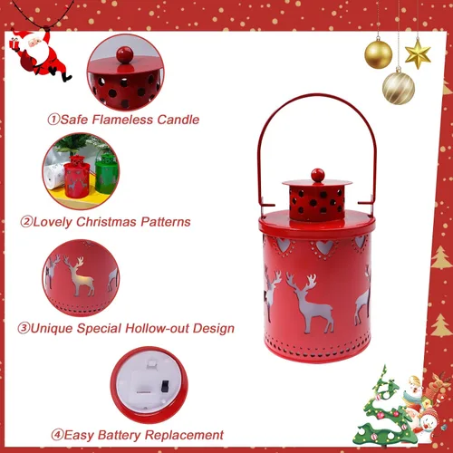 Vista 5 de YBB Juego de 3 linternas decorativas de Navidad, linternas de vela sin llama, operadas por batería, colgantes, de metal, con LED, para centro