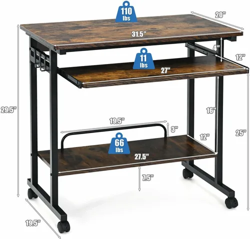 Vista 3 de Escritorio para computadora, mesa de estudio, escritorio de PC marrón rústico, carrito extraíble para laptop, estación de trabajo con bandeja