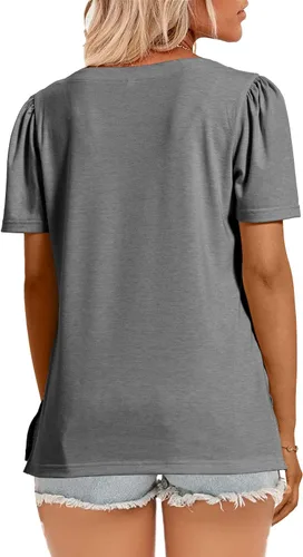 Vista 3 de Camisetas de verano casuales de manga corta y abombada con cuello cuadrado, holgadas para mujer