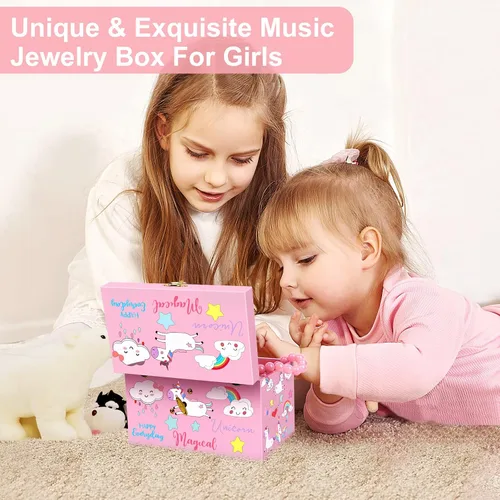 Vista 6 de Joyero musical para niñas con diseño de unicornio y bailarina giratoria, 3 cajones extraíbles, juego de joyería de unicornio incluido, caja