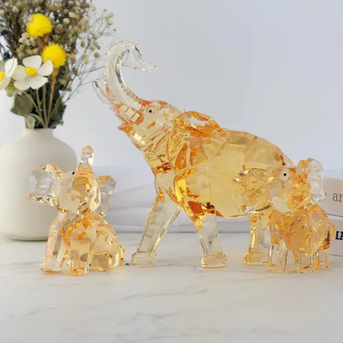 Vista 4 de Juego de 4 figuras acrílicas de elefante, colección ámbar transparente para madre y bebé elefante, adorno familiar, lindo animal, decoración