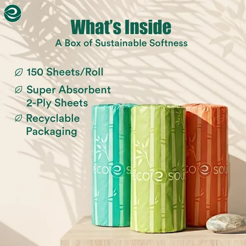 Vista 6 de Eco Soul Juego de 6 rollos de toallas de papel de bambú 150 hojas por rollo Toalla de papel de cocina ultra absorbente, ecológica, sostenible