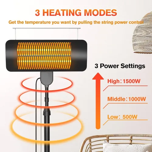 Vista 3 de Calentadores para exteriores para patio, 1500 W, 3 modos de calor y temporizador de 12 horas, calentador eléctrico impermeable IP54 con altura