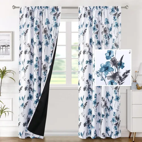 Vista 22 de H.VERSAILTEX cenefas de cortina 100% opacas para ventanas de cocina, juego de 2 paneles, estampado floral Cattleya Leah, cenefas térmicas aisladas