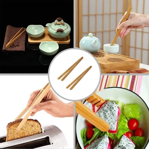 Vista 4 de Pinzas para utensilios de cocina de bambú de 7 pulgadas para tostadas, Kimchi, 8 piezas