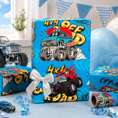 Vista 2 de Burymento Monster Truck Wrapping Paper Roll, Boys Birthday Wrapping Paper