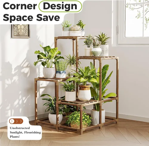 Vista 4 de Bamworld Soporte para plantas para interiores y exteriores, estante de esquina para plantas, soporte para 4 macetas, soporte para flores, estante