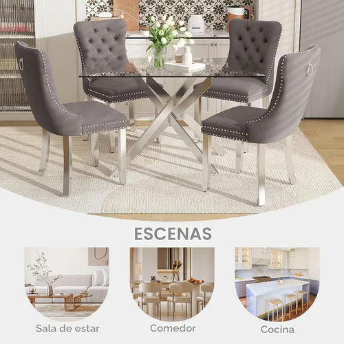 Vista 9 de Juego de mesa de comedor de cristal de 51" para 4, gris Tapa de vidrio templado, patas de metal plateado, sillas de terciopelo, juego de comedor