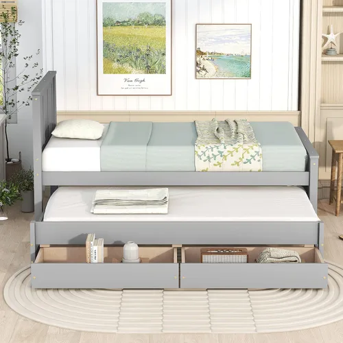 Vista 3 de Harper & Bright Designs Marco de cama individual de capitán con nido y cajones, plataforma individual de madera maciza para niños, adolescentes Gris