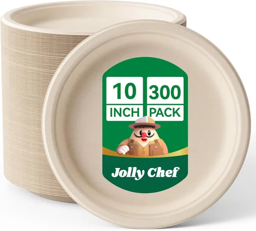 Vista 13 de JOLLY CHEF Platos compostables de alta resistencia de 10 pulgadas [Paquete de 125] Platos de papel desechables ecológicos de bagazo natural