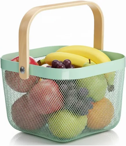 Vista 10 de Cesta organizadora de almacenamiento de malla de acero, cesta de frutas con mango de madera, ideal para cocina, baño, cestas de picnic, despensa