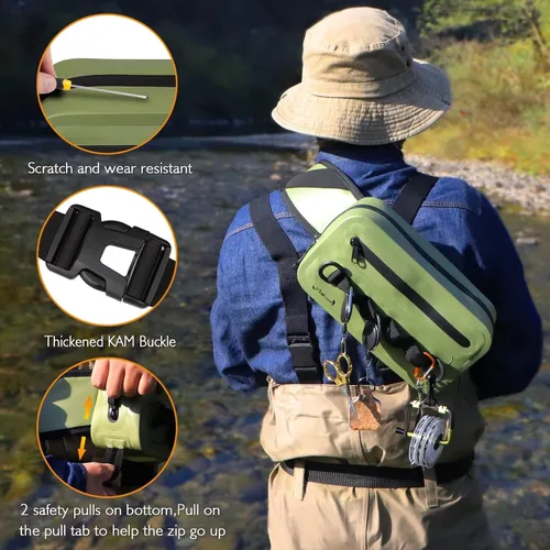 Vista 7 de Dovesun Riñonera de pesca impermeable para hombres 3.3L bolsa de pesca con mosca bolsa de pecho con cremallera hermética