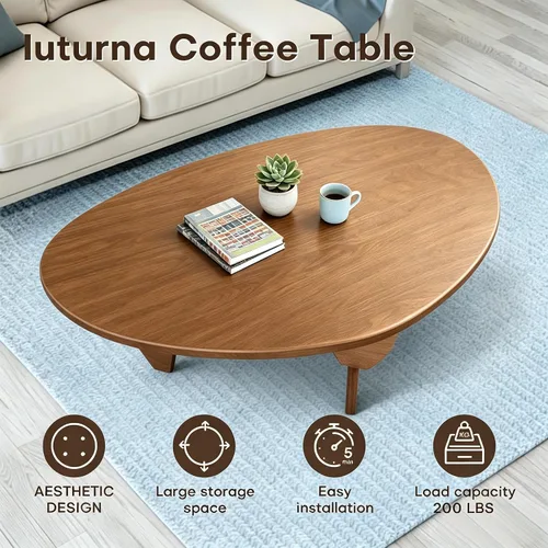Vista 4 de Mesa de centro moderna de madera maciza, mesa central triangular única para sala de estar, 35.4 x 22.8 x 16.5 pulgadas, nogal