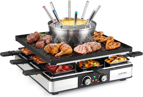 Vista 9 de COSTWAY Raclette - Parrilla para mesa 8, 2 en 1 con placa antiadherente reversible, 8 sartenes para queso, 8 espátulas de madera, pinzas y control