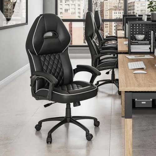 Vista 12 de Techni Mobili Silla ejecutiva de piel sintética con reposabrazos acolchados, silla de oficina de estilo de carreras ajustable en altura con control