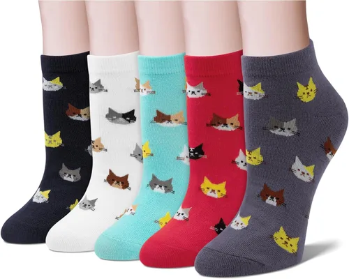 Vista 8 de Justay 5 pares de calcetines de gato - lindos calcetines de algodón de novedad divertidos con diseño de animales para tobillo para mujer, regalos