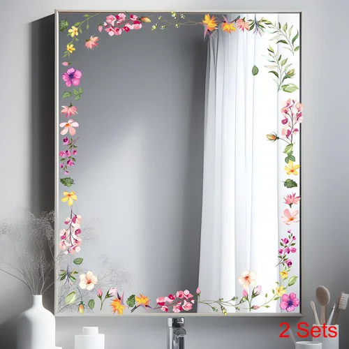 Vista 3 de Calcomanías de espejo floral, calcomanías de pared de flores, calcomanías de pared para despegar y pegar, gráficos estéticos, decoración de baño