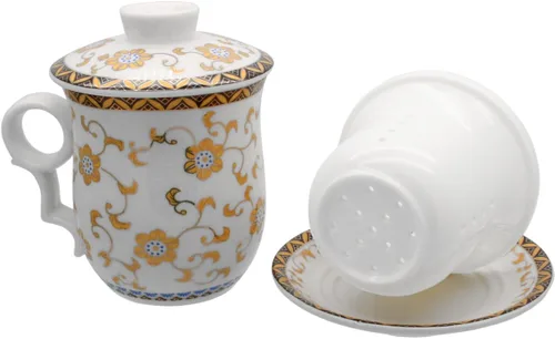 Vista 5 de Taza de té de porcelana con tapa de infusor y juegos de platillos – Taza de café de cerámica china Jingdezhen Taza de té de hoja suelta Sistema