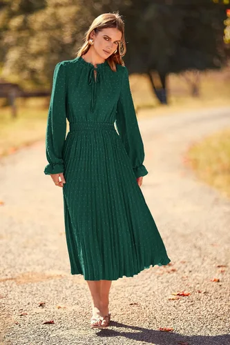 Vista 9 de PRETTYGARDEN Vestido midi de otoño 2024 para mujer, casual, manga larga, cuello en V, lunares suizos, plisado, acampanado, vestidos fluidos
