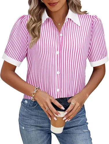 Vista 6 de Gleeivy Camisas de botones para mujer de manga corta abombada, camisas de vestir abotonadas con cuello ajustado, blusa superior de trabajo