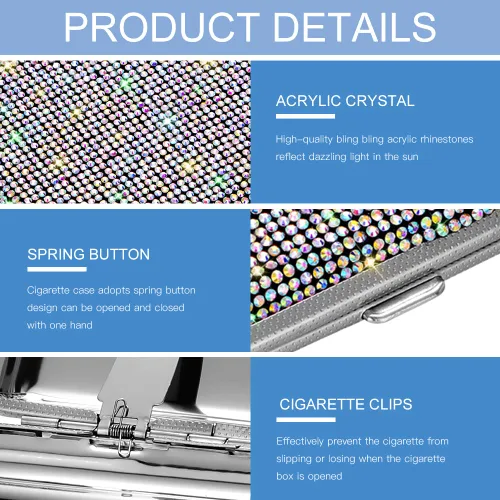 Vista 6 de SAVORI Estuche de cigarrillos para mujeres y hombres, soporte de cigarrillos de metal con cristales brillantes de doble cara, caja de cigarrillos AB