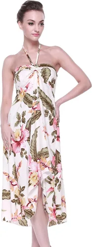 Vista 4 de Conjunto de traje de fiesta hawaiana Luau a juego para parejas, vestido camisero en crema Rafelsia, Crema Rafelsia