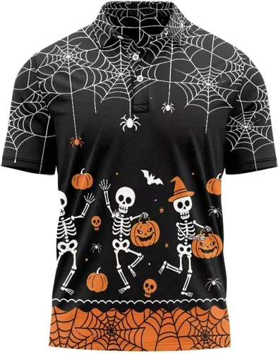 Vista 27 de HUGS IDEA Camiseta casual retro para hombre, diseño de calavera de manga corta Nota musical de hoja de otoño