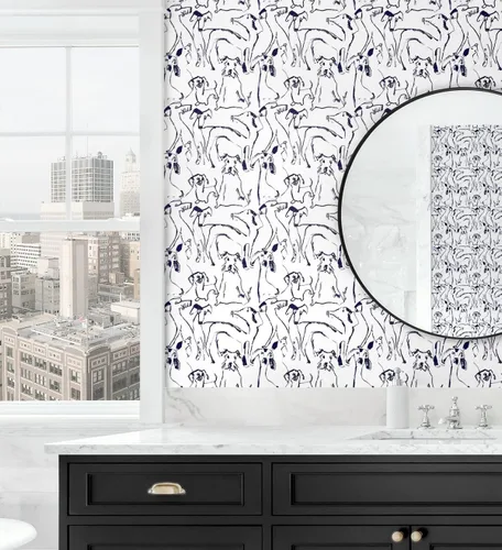 Vista 7 de Surface Style Papel tapiz autoadhesivo con diseño de garabatos de perro, negro/blanco