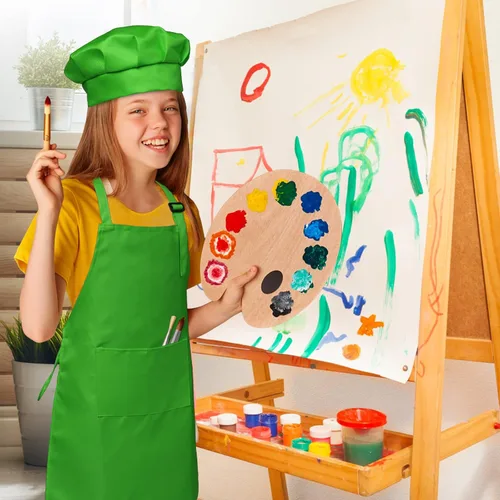 Vista 5 de Juego de delantal y sombrero de chef para niños, 8 piezas de delantales ajustables con bolsillos para cocina, cocina, hornear, pintura