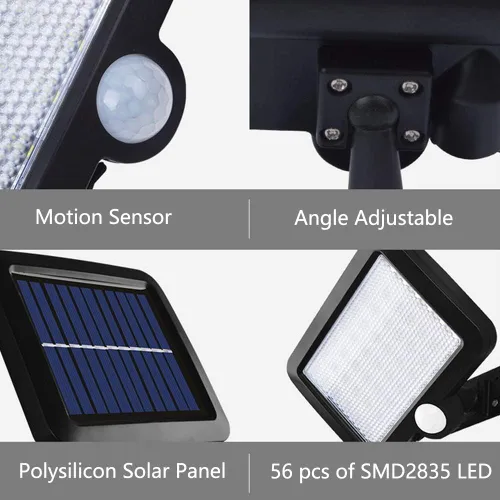 Vista 4 de Aolyty Luces solares con sensor de movimiento para exteriores e interiores con panel solar separado, diseño desmontable, 56 LED con control de luz