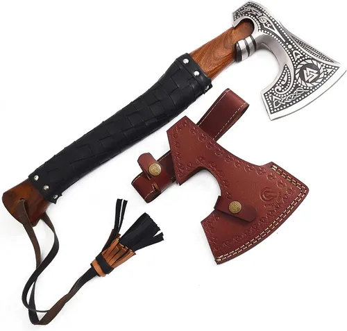 Vista 7 de Hacha de acero al carbono de doble cabeza forjada a mano, hacha de batalla barbuda con mango de madera de fresno y funda de cuero, regalo funcional
