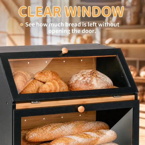 Vista 3 de HOMEKOKO Panera grande de doble capa para encimera de cocina, contenedor de almacenamiento de pan de madera de gran capacidad (negro)