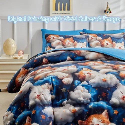 Vista 3 de Juego de edredón individual para niños y niñas, edredón de gato de 3 piezas con 2 fundas de almohada, juego de ropa de cama individual de gatito