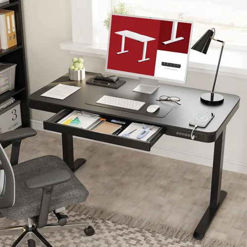 Vista 2 de SANODESK Escritorio eléctrico de una pieza ajustable en altura con cajón Negro
