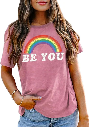 Vista 13 de Camisa de arcoíris para mujer, camiseta de orgullo con estampado de arco iris, camisetas casuales de manga corta Beyou-negro