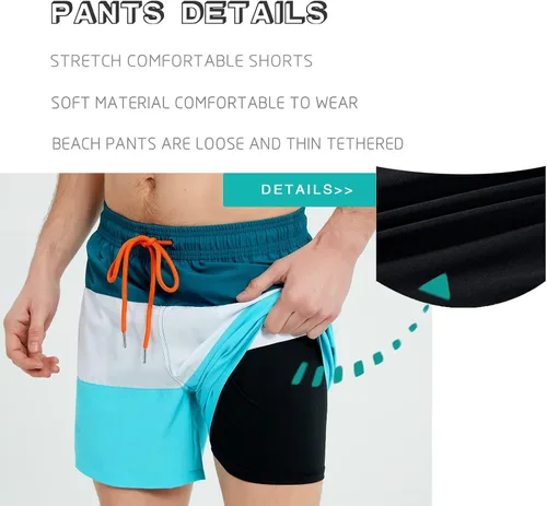 Vista 4 de Traje de baño para hombre, de secado rápido, con forro de compresión, con bolsillos, divertido para la playa