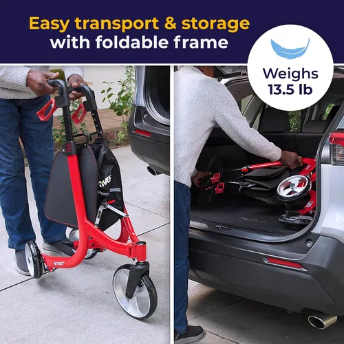 Vista 6 de Drive Medical Nitro - Andador con ruedas de 3 ruedas, ultraligero con ruedas, rodillo plegable para personas mayores y adultos, color rojo