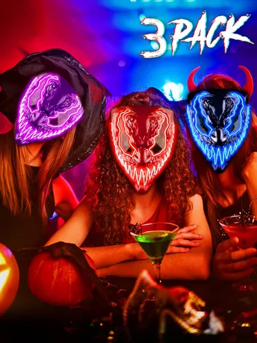 Vista 2 de Quanquer Paquete de 3 máscaras de Halloween con luz LED para adultos y niños máscaras únicas de neón con ojos brillantes oscuros y malvados