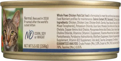 Vista 7 de Whole Paws, Comida húmeda para gatos sin granos, paté de pollo, 5.5 onzas