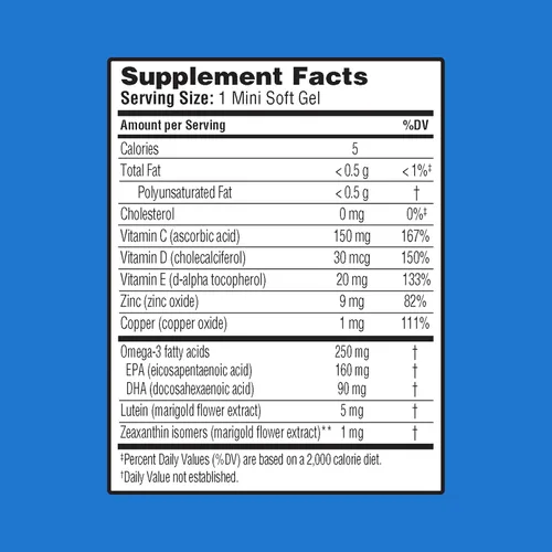 Vista 6 de Ocuvite Suplemento de vitaminas y minerales para los ojos, contiene zinc, vitaminas C, E, Omega 3, luteína y zeaxantina, 30 cápsulas blandas