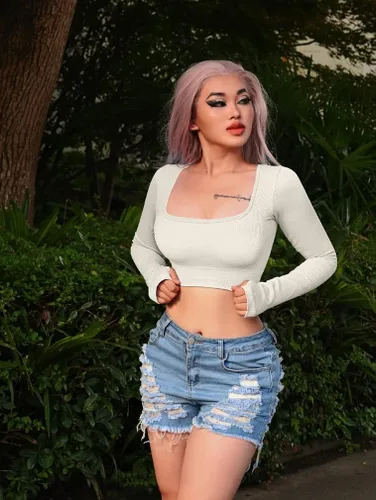 Vista 3 de OQQ Camiseta corta de 2 piezas para mujer acanalada sin costuras para ejercicio de manga larga