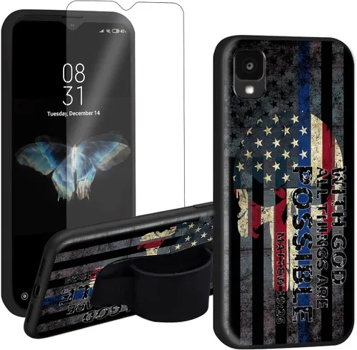 Vista 7 de Funda para Alcatel TCL 30 Z 2022 con soporte para el dedo y protector de pantalla, correa de mano elástica, soporte de agarre a prueba de golpes