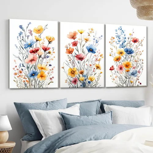 Vista 8 de okudolit Lienzo con flores silvestres azul marino enmarcado Arte de pared de lienzo Set de 3 Flores Imágenes Impresiones Impresión de flores