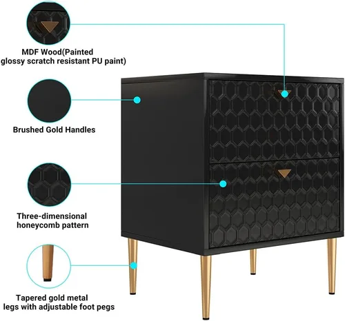 Vista 5 de Mesita de noche con 2 cajones, moderna mesita de noche con pomos de latón para sala de estar, dormitorio (negro)